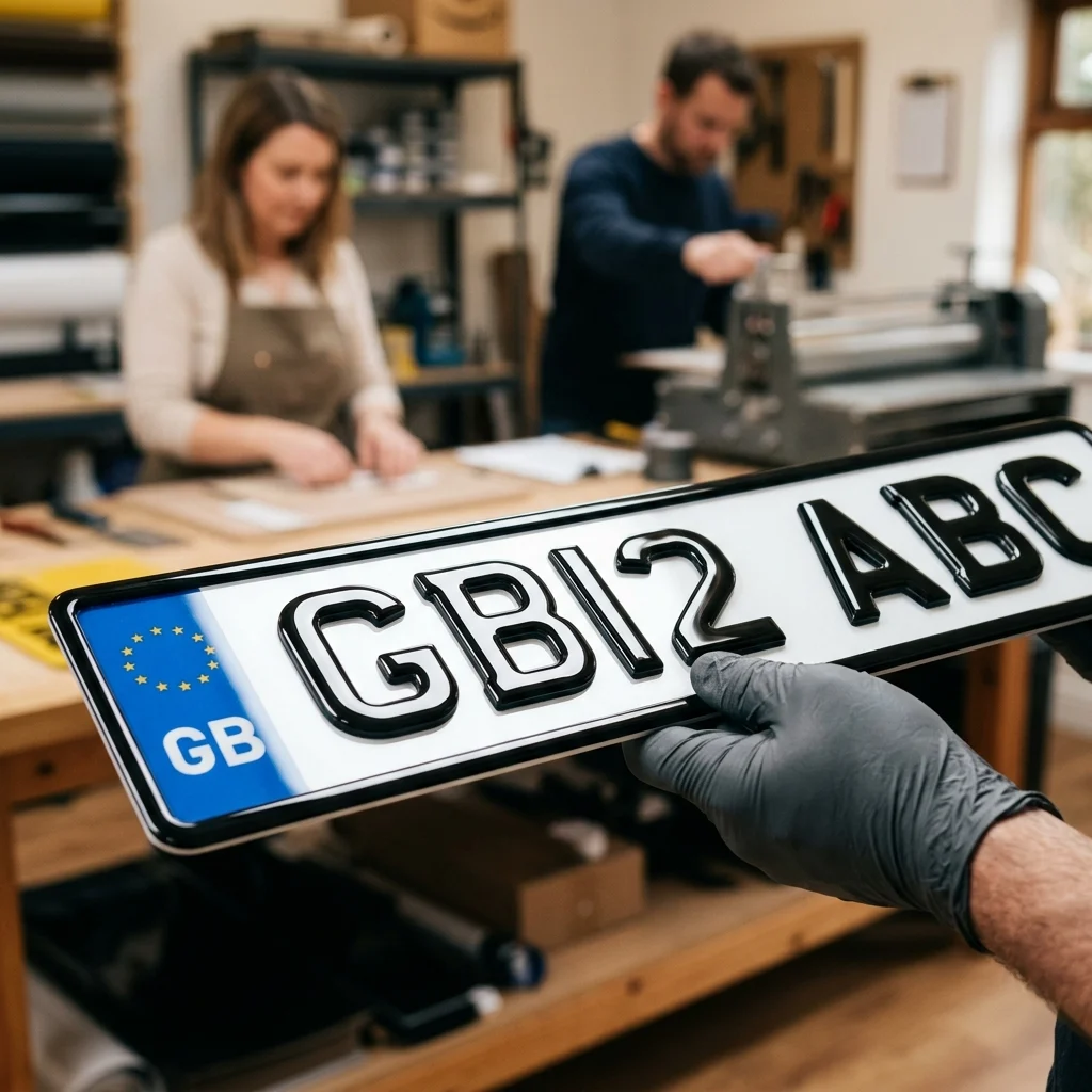 Husband and wife team crafting a custom number plate in their workshop